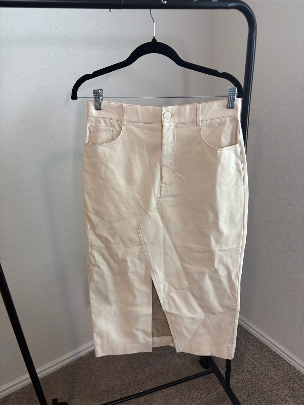 Zara Cream Faux Leather Midi Pencil Skirt with Front Vent